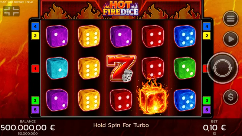 Hot Fire Dice - igralni zaslon z gorečimi sedmicami